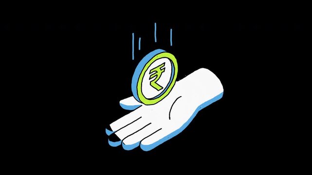 Hand catching falling Indian rupee coin isometric drawing 4k animated video alpha transparent video
