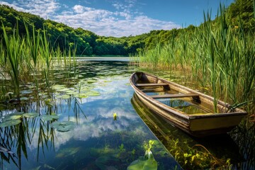 Obraz premium Rustic Rowboat on Serene Forest Lake. 