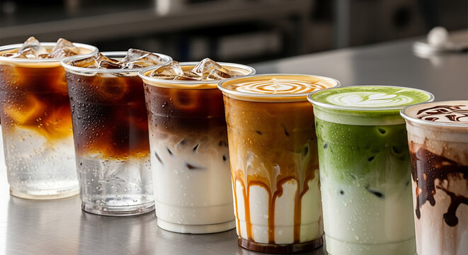 Row of iced coffee drinks, including latte, caramel macchiato, and matcha green tea, with ice and condensation in clear plastic cups, refreshing beverages