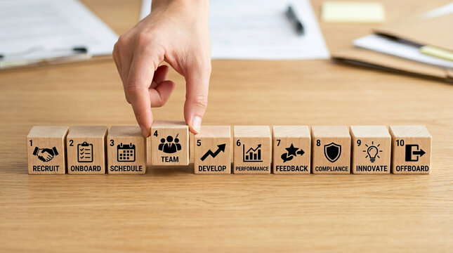 Hand sliding wooden block with team icon among other blocks showing recruitment onboarding schedule development performance feedback compliance innovation and offboarding concepts business process