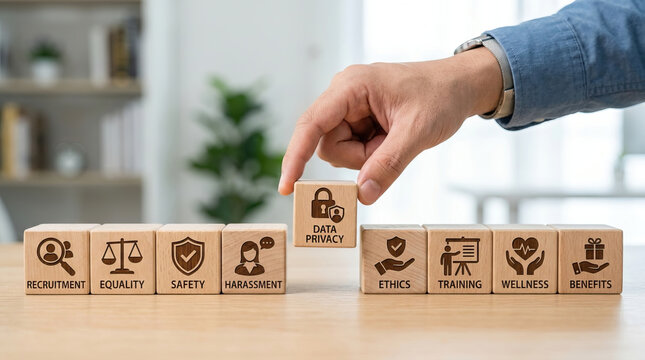 Hand placing wooden block with data privacy icon among blocks with recruitment equality safety harassment ethics training wellness benefits icons table symbolizing workplace values and protection