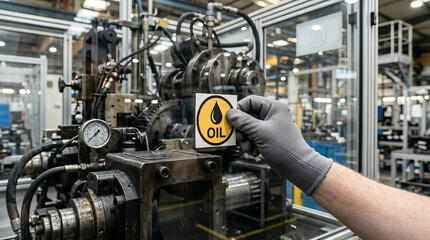 Obraz premium Oil label hand placing on industrial machine in factory environment showing maintenance and safety concept