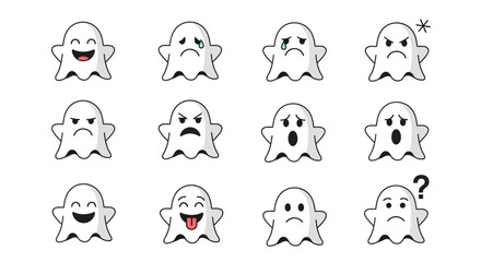 Fototapeta premium Set of cartoon ghost emojis showcasing a variety of emotions like happiness, sadness, anger, surprise, and confusion with question marks
