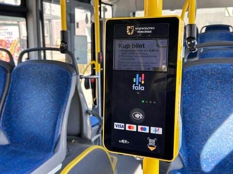 FALA contactless ticket validator inside public transport in Gdynia, Poland April 24, 2026