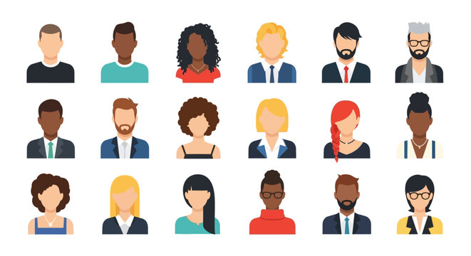 Collection of Diverse Business People Avatars in Professional Attire Representing a Variety of Human Characteristics and Demographics