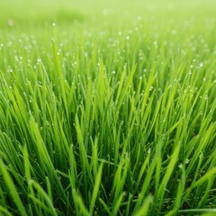 Fototapeta premium Fresh green grass blades covered in morning dew droplets under bright sunlight