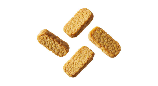 Four Slices of Crispy Fried Tempeh Isolated on White Background - Traditional Indonesian Soy Protein Food