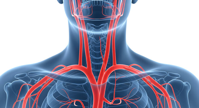 Anatomical illustration of a human torso with visible vascular system and skeletal structure