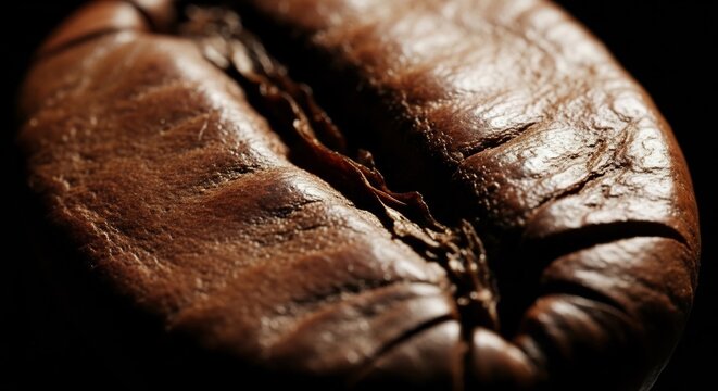 Macro shot of a single roasted coffee bean with detailed texture.
