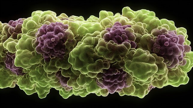 3D visualization of a protein complex with green and purple subunits