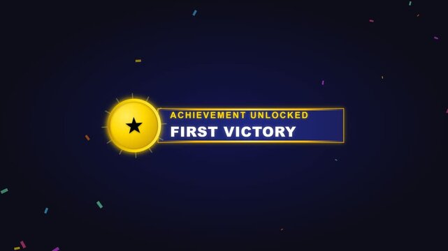Achievement Unlocked First Victory Animation with Gold Star Medal and Falling Colorful Confetti on Dark Background
