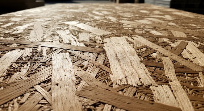 Closeup of oriented strand board with wooden strands arranged in a crisscross pattern