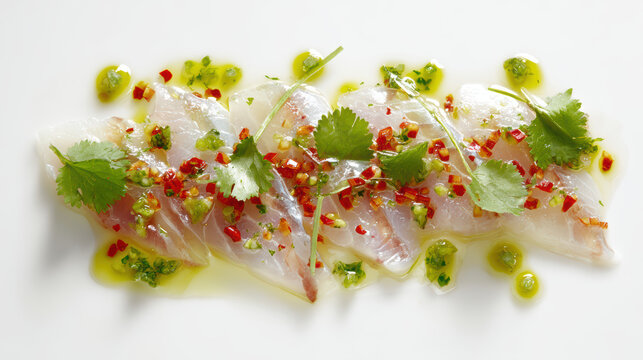sea bream crudo with finger lime and chili garnish