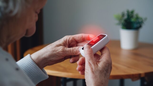 Close up of senior woman hand using pulse oximeter device to measure blood oxygen level and heart rate in home healthcare monitoring