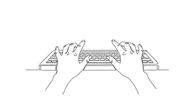 Line drawing of two hands typing on a computer keyboard, illustrating the act of data entry or writing.