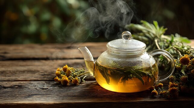 Awesome photo of steaming herbal tea in a glass teapot on a rustic wooden table with dried flowers.
