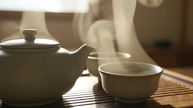 Minimalist white ceramic teapot and two small cups on a wooden bamboo tray with visible hot steam rising from the liquid, set against a soft natural light indoor background.