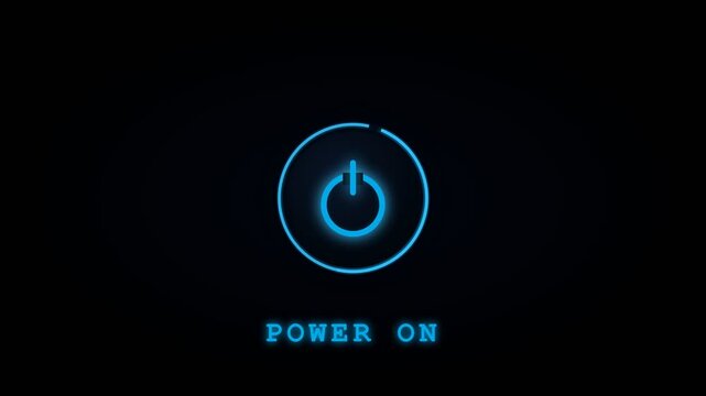Blue Glowing Power Button Symbol on Black Background with Power On Text for Technology and Energy Concepts