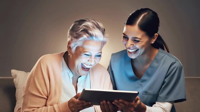 Two women, one older and one younger, share a moment of hearty laughter while looking at a tablet, showcasing the joy of connection and technology.