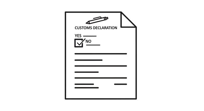 Line art illustration of a customs declaration form with a checkbox marked 'NO' and a pen icon at the top, representing international shipping and regulations.