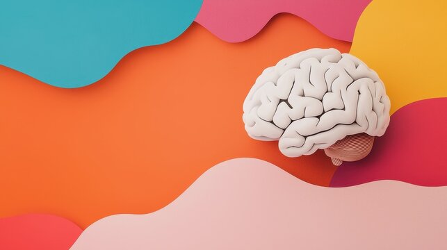 wellness nutrition mental concept. Human brain model on colorful abstract background with layered paper effect