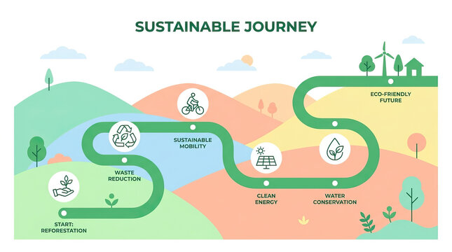 Sustainable journey concept with curved path showing reforestation, waste reduction, sustainable mobility, clean energy, water conservation, and eco friendly future for environmental care