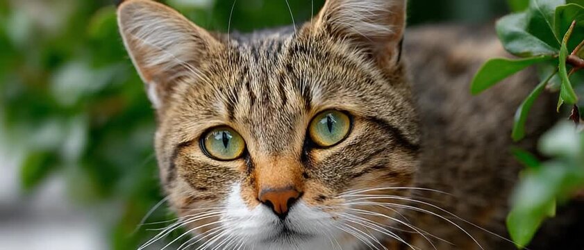 Curious Gaze of a Tabby Cat: A captivating close-up of a tabby cat with mesmerizing green eyes and unique patterns peeking through vibrant green leaves, showcasing its natural beauty.