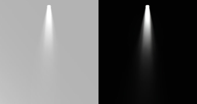 Spotlight illumination with bright top light source and conical white beam, realistic studio lamp effect with soft gradient transparency and ethereal glow for ceiling downlight or interior design