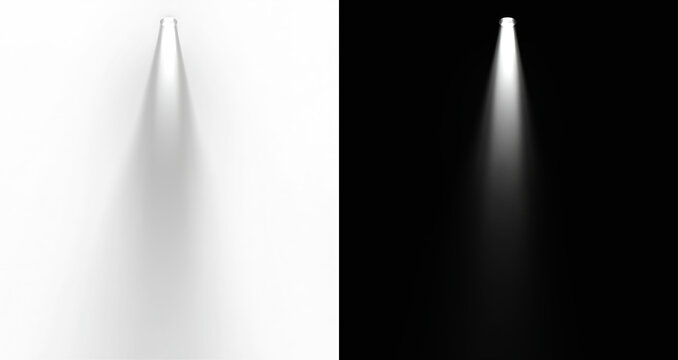 Spotlight illumination with bright top light source and conical white beam, realistic studio lamp effect with soft gradient transparency and ethereal glow for ceiling downlight or interior design