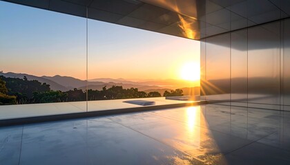 Obraz premium Serene Sunset View from Modern Minimalist Interior Space.