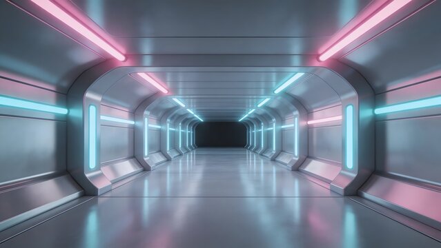 Futuristic corridor with neon lights