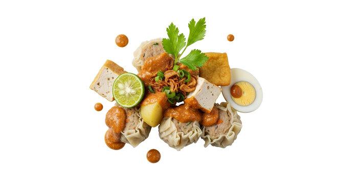 Traditional Indonesian Siomay Steamed Fish Dumplings with Savory Peanut Sauce Tofu and Boiled Egg Isolated on White Background