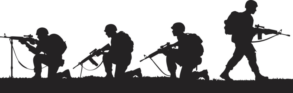 Group of armed soldiers in tactical gear performing a military mission during combat training in open field