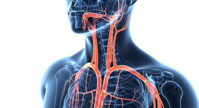A medical illustration of the human body's circulatory system with visible arteries and skeleton.