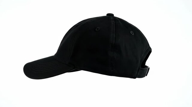 Blank Black Baseball Cap Rotating 360 Degrees on a Pure White Background