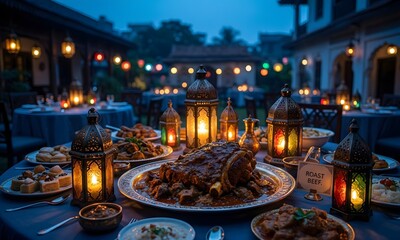 Fototapeta premium Outdoor Night Dining Scene with Traditional Lanterns and Large Meat Platter on Table