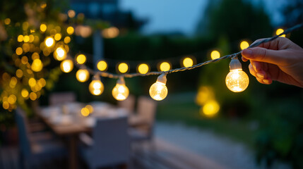 Obraz premium Faceless hands hanging a string of fairy lights over an outdoor dining area, representing creating atmosphere for summer evenings, twilight lighting, blurred garden background with