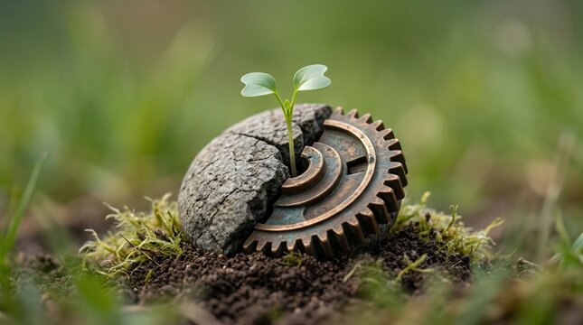 A tiny green sprout emerges from a cracked stone next to a rusty gear, symbolizing growth and industry. Ideal for concepts of innovation, nature meeting technology, or new beginnings.