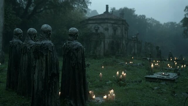 Hooded figures gathered in ancient foggy cemetery. Mysterious ritual with candles illuminating gravestones and ruins. Historical concept of nocturnal gathering in overgrown burial ground.