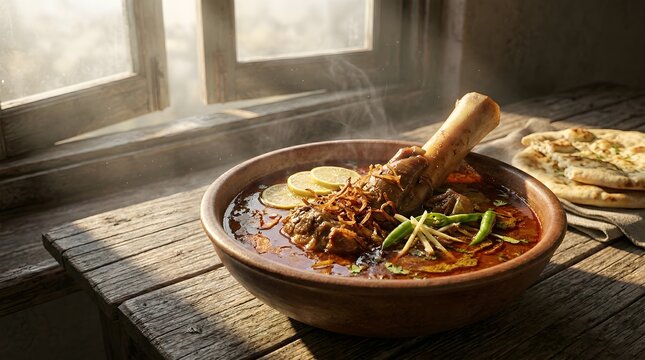 Traditional Beef Nihari Stew with Bone Marrow and Ginger Served in Sunlight Kitchen Setting