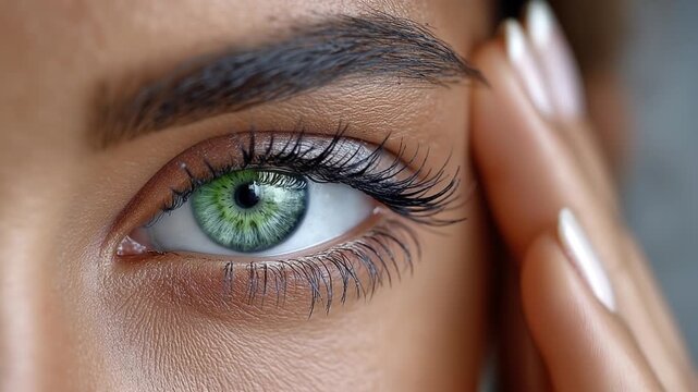 Extreme close up of beautiful green female eye with long eyelashes and manicured hand.