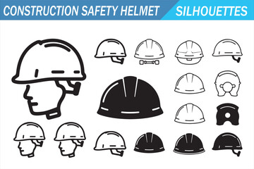 Fototapeta premium Construction safety helmet silhouettes icon set isolated on white background, black hard hat symbols collection with industrial protective headgear variations for builder, engineer, labor, and site sa
