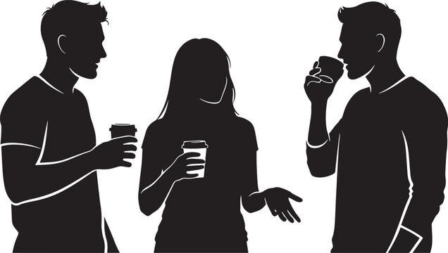 Silhouette of three friends talking and drinking coffee together isolated on checkered background.