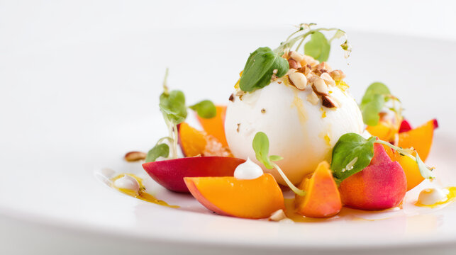 delicious burrata heart with marinated peaches and herbs