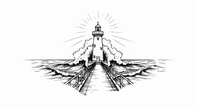 A dramatic sketch shows a lighthouse at the end of a pier with crashing waves
