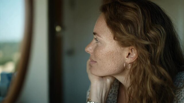Woman with red hair and freckles resting head on hand by window. Relaxed pose showing subtle expressions of calm and thoughtfulness. Indoor serenity with outdoor view concept.