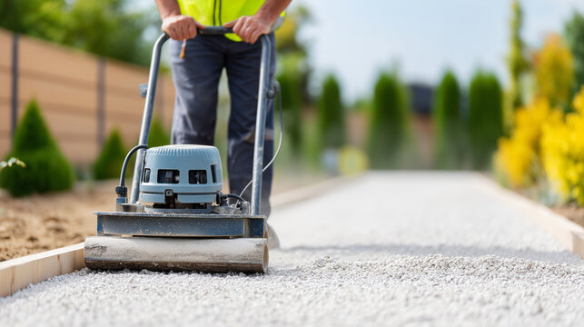 Faceless worker operating a plate compactor on a leveled gravel surface, representing soil stabilization and base preparation, dust and vibration effects, bright daylight, blurred