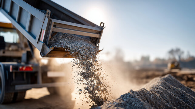 Close-up of a truck bed tilting to dump a load of crushed stone or gravel at a site, representing material supply and logistics, dust clouds, bright midday sun, blurred constructio