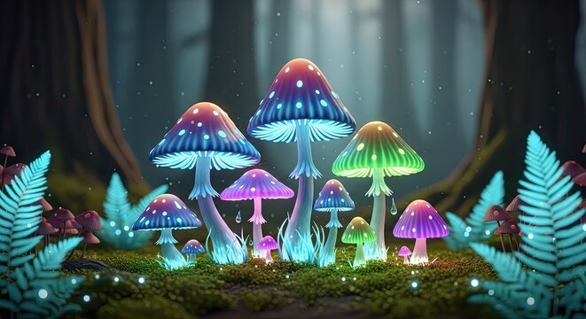 Magical Glowing Mushrooms in a Dark Enchanted Forest