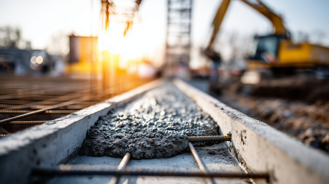 Close-up of fresh wet concrete filling a trench with steel reinforcement cages visible, representing the core of a building's foundation, texture of liquid stone, bright sun, blurr